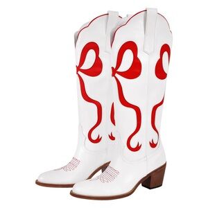 Chic White and Red Heeled Boots